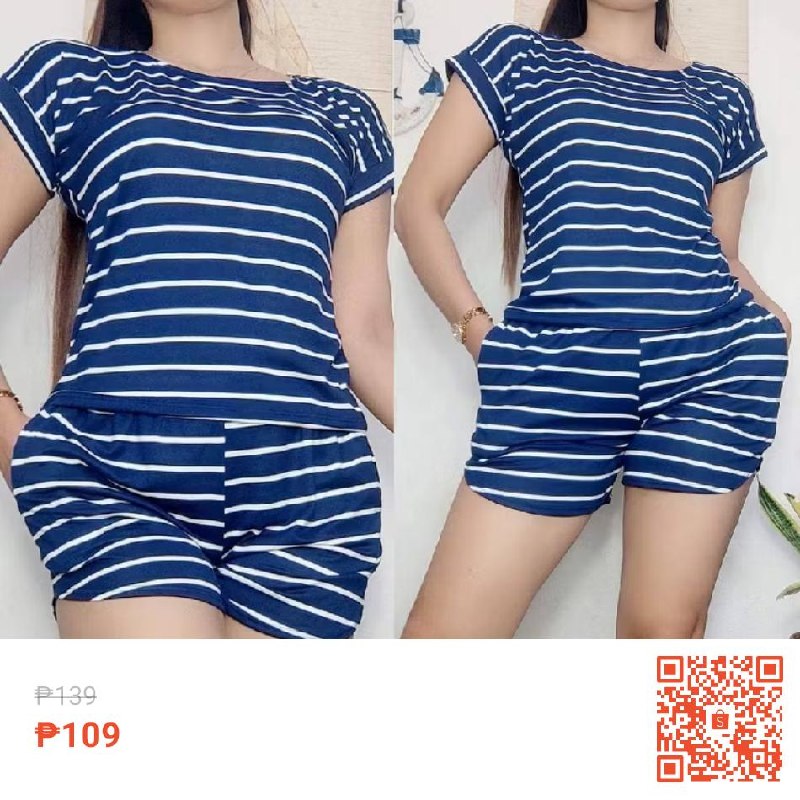 Women's Stripe Blouse & Terno Shorts Set, XL Fit with Pocket BSS at 17% off! ₱109