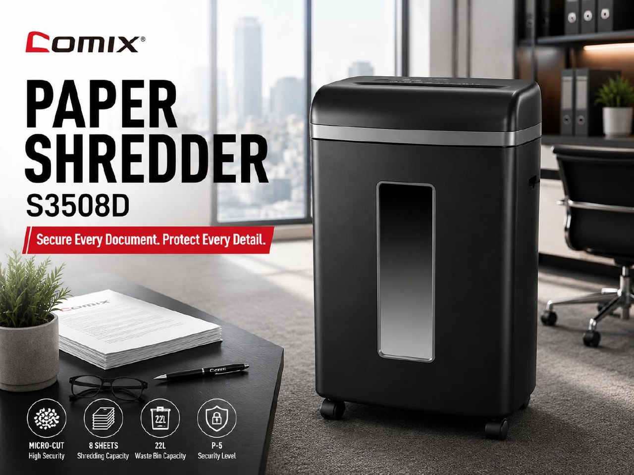 COMIX S3508D 8 sheets 22L Micro-Cut Heavy-Duty Paper Shredder